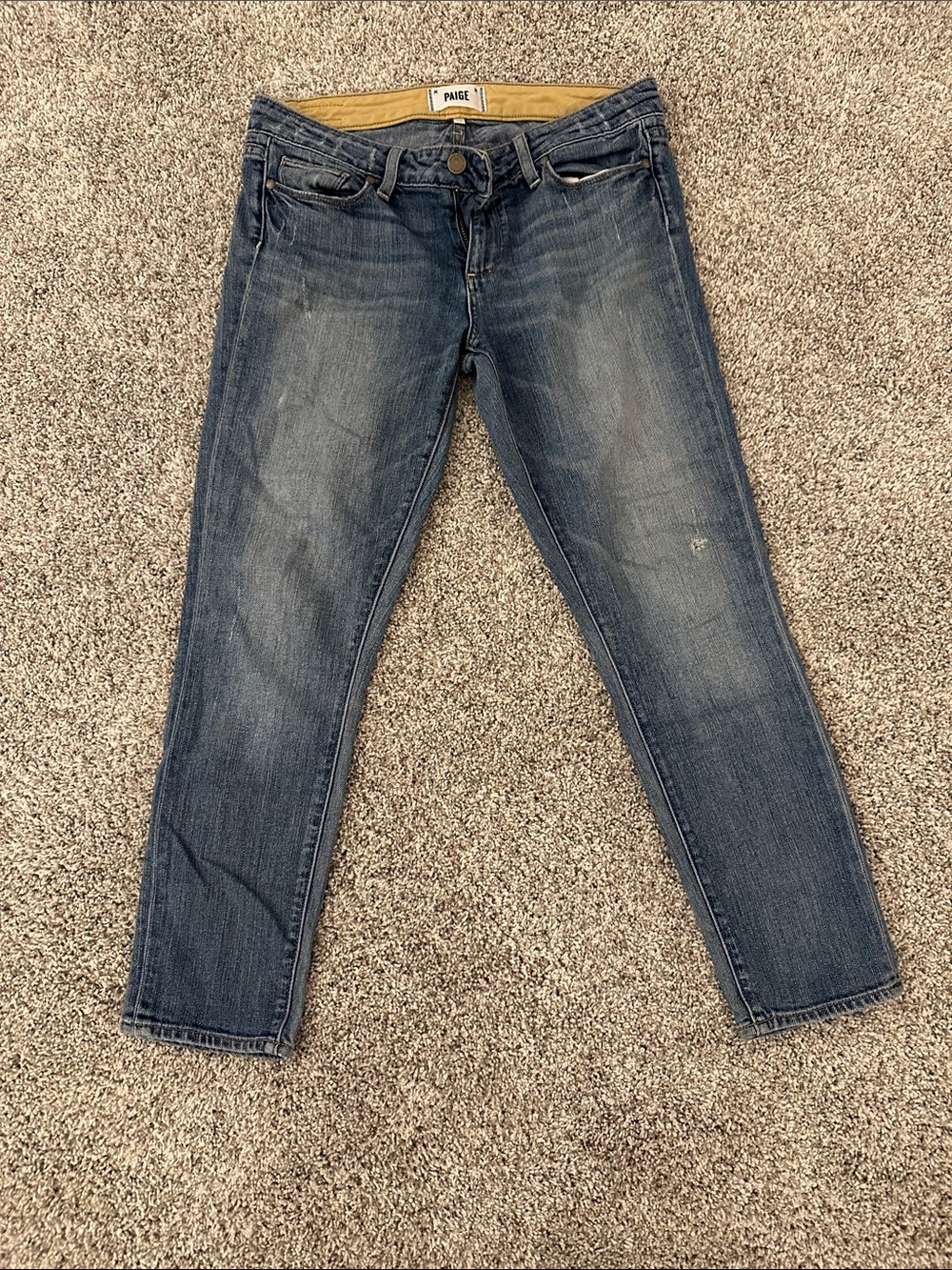 PAIGE Women's Mid-Dark Blue Straight Leg Crop Jeans 28